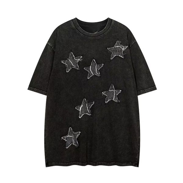 Custom High Quality Streetwear Crew Neck Tshirt Applique Patches Embroidery Acid Washed Vintage Tshirt
