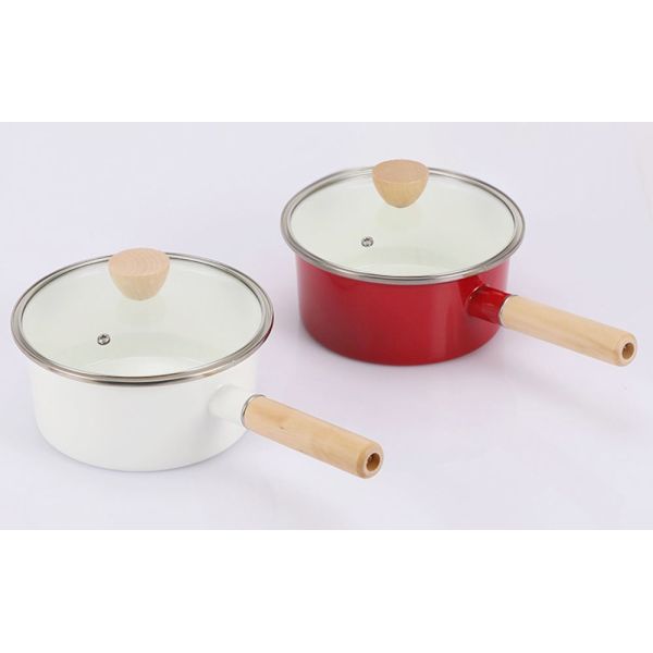 Carbon Steel Mini Saucepan with Wooden Handle Enamel Coating 304 Steel Rim