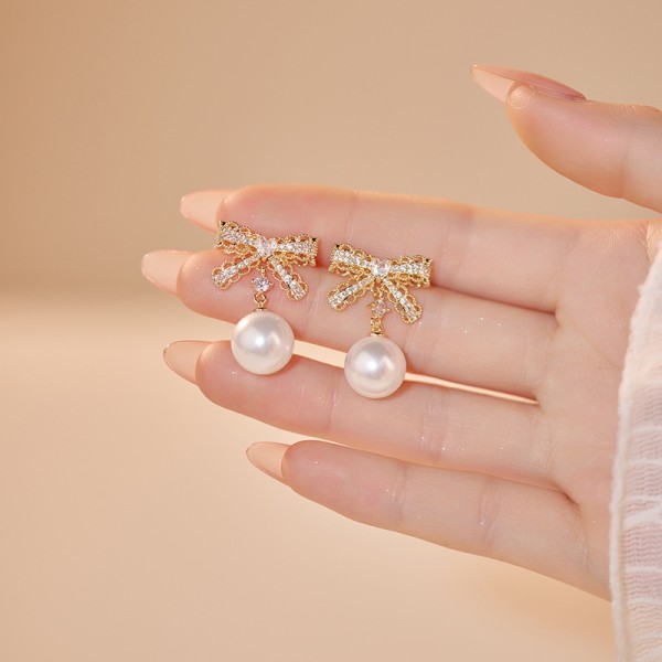Wholesale Micro Insert Zircon Bowknot Pearl Brass 14K Real Gold Fashion Korean Silver Needle Earrings Women Jewelry