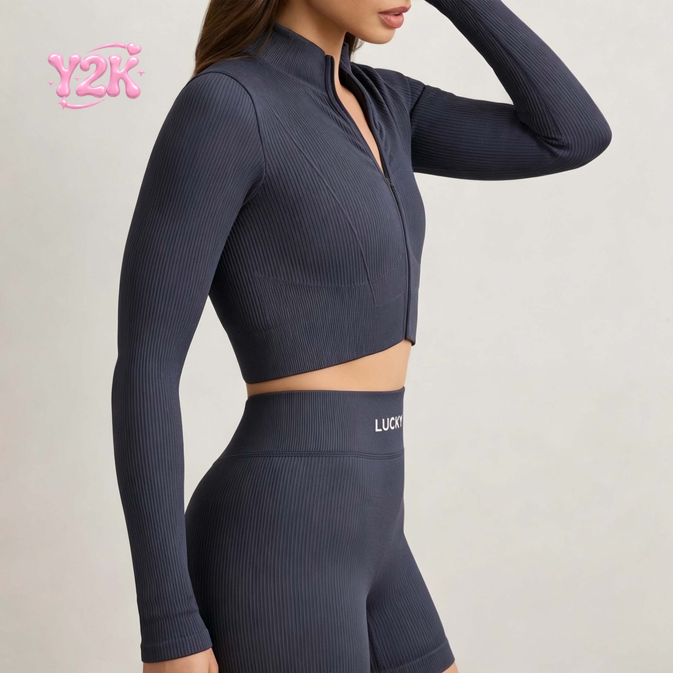 Custom Ribbed Long Sleeve Zip Yoga Jacket & Shorts Gym Set