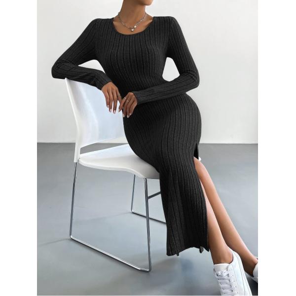 2024 Autumn and Winter New Long sleeved Round Neck Split Knitted Long Dress for Women