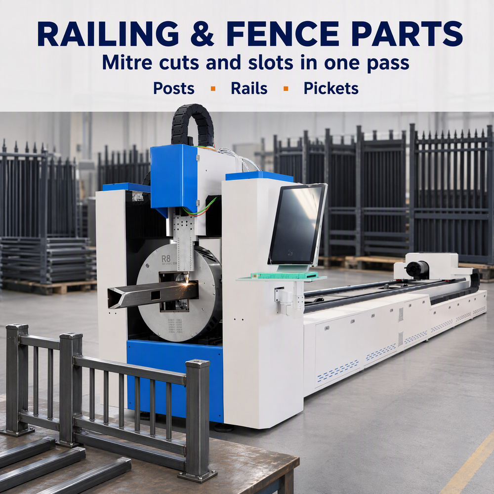 CNC Fiber Laser Tube Cutting Machine for Railing & Fence Parts, Mitre Cuts and Slots in One Pass for Posts, Rails, Pickets
