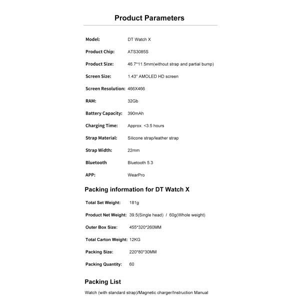 DT Watch X Men Smart Watch 1.43inch AMOLED BT Call 200+ Watch Faces Sport Fitness Smart Watch