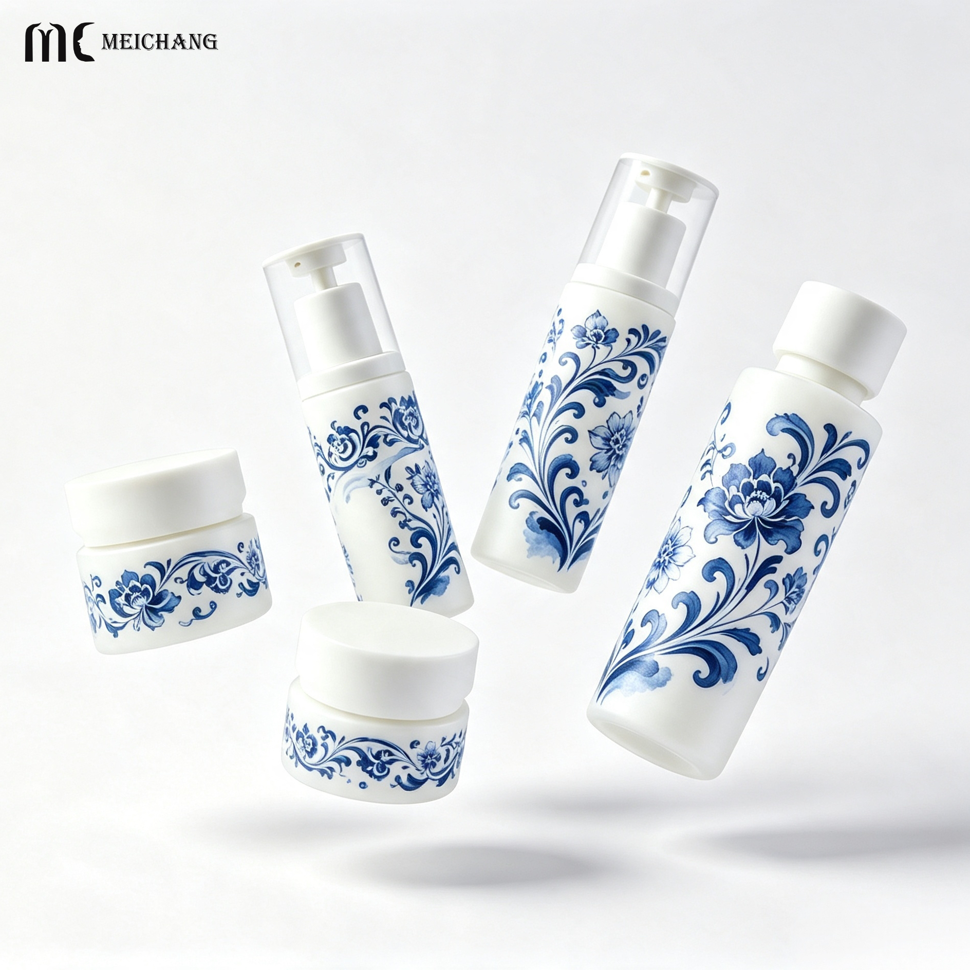 Blue & White Oriental Design Light-Blocking Glass Skincare Bottle with UV Protection Coating and Customizable Decoration