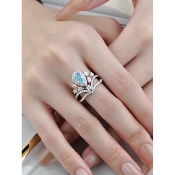 ювелирных изделий диаманта лаборатории золота 18K обручальное кольцо отрезка груши голубых превосходное