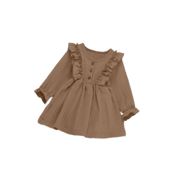 Vestidos longos da guarnição do plissado da luva do tecido de algodão de musselina dos bebês da criança acima dos vestidos do joelho