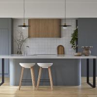 Armoire de cuisine en bois de conception moderne MDF Carcasse Marbre Bureau en contreplaqué Meubles de cuisine pour projets résidentiels