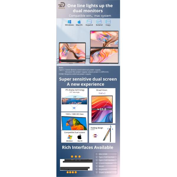 15.6 polegadas Full HD 1920*1080 IPS Extensor de Display Tipo C Interface Laptop Triple Screen