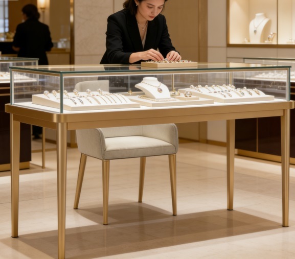 Luxury Front Showcase with LED Lighting and Natural Marble Vein Design for Customized Jewelry Display