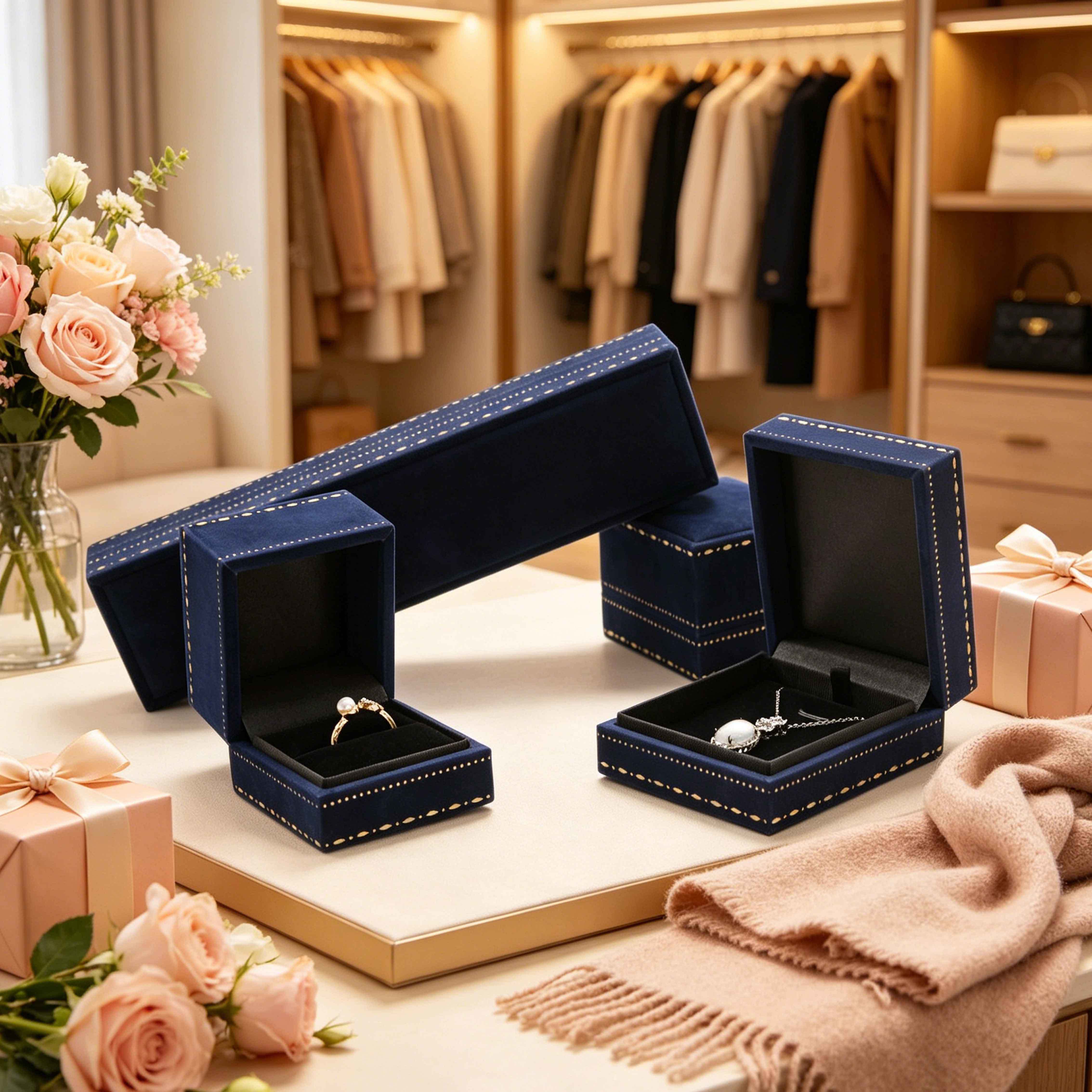 Navy Blue Paper Texture Luxury Jewelry Case Set Luxury Engagement Ring Box