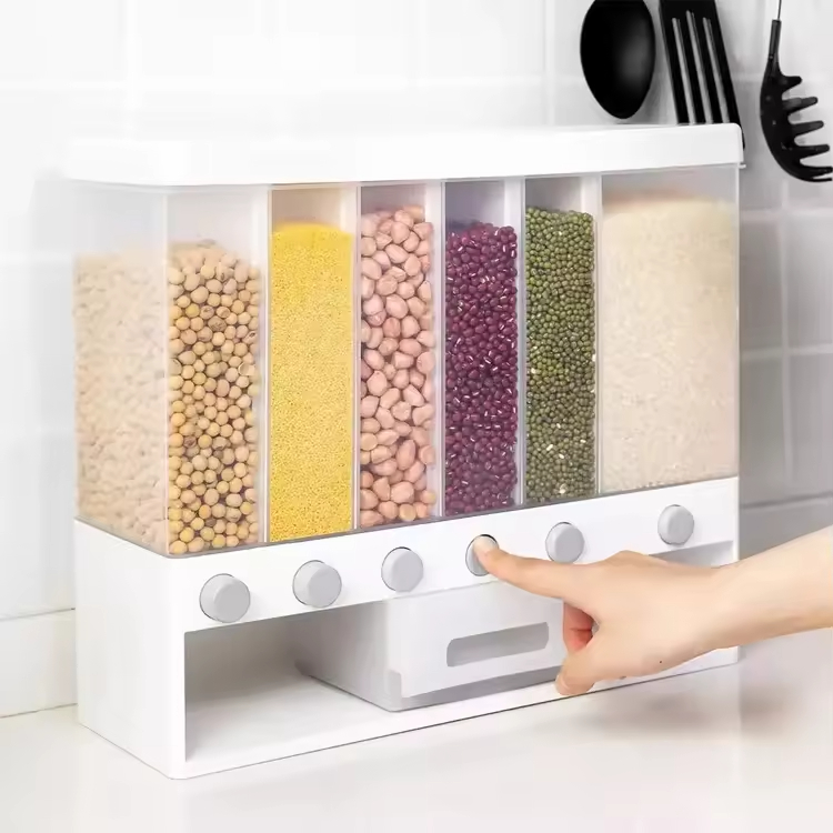Press-Type 6 Grid Cereal Dispenser Wall Mountable Countertop Grain Storage Box for Rice Dry Foods