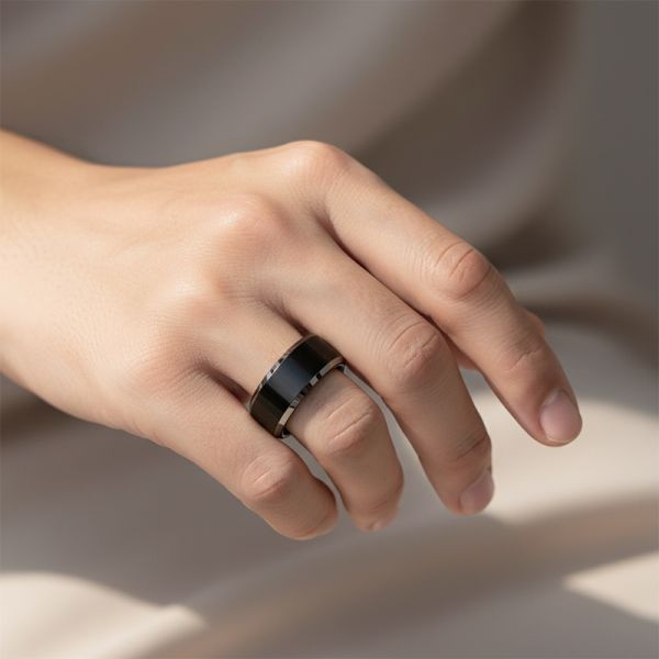 8MM Black Tungsten Wedding Band Ring with Silver Beveled Edge for Men and Women