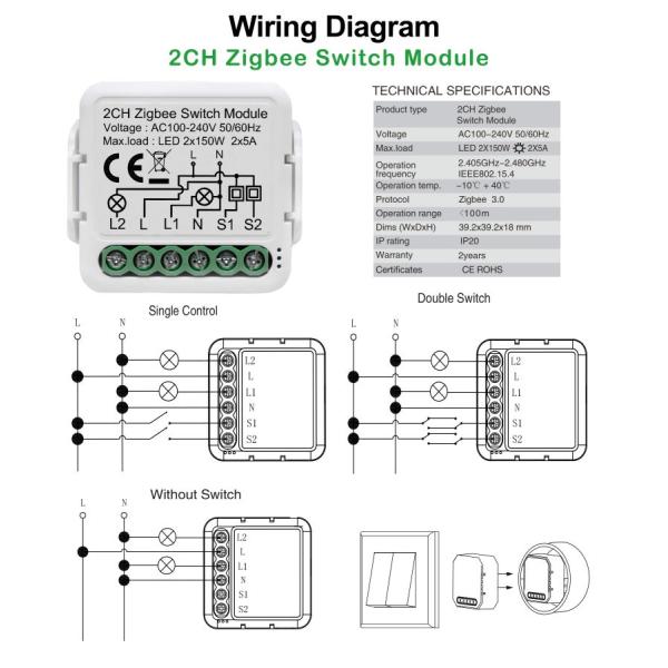 2-канальный интеллектуальный выключатель ZigBee, удаленное управление через приложение в системах IOS 8,0/Android 4,3 для домашней автоматизации, настройка в реальном времени
