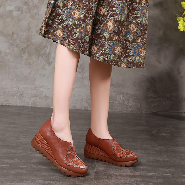S359 Spring Wedge Heel Leather Thick Bottom Round Cap Foot Women'S Single Shoes Handmade Embroidery Ethnic Style Women