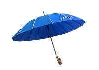 Parapluie bleu de golf J de forme résistante du vent, poignée en bois de parapluie de Raines