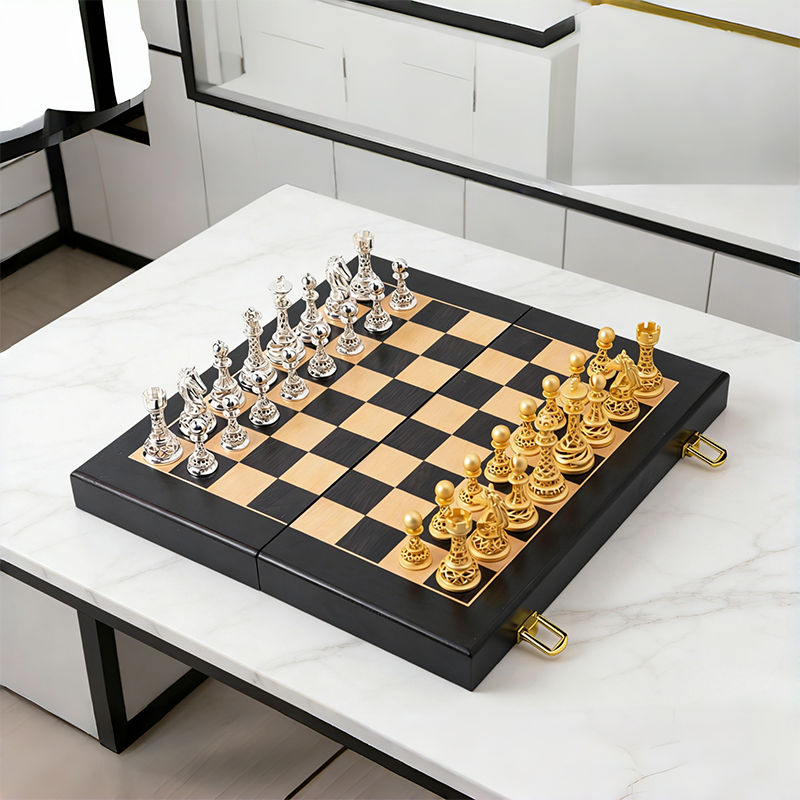 Antique Bronze & Silver Hollow Carved Brass Chess Set for Luxury Tabletop Decor and Tournament Play