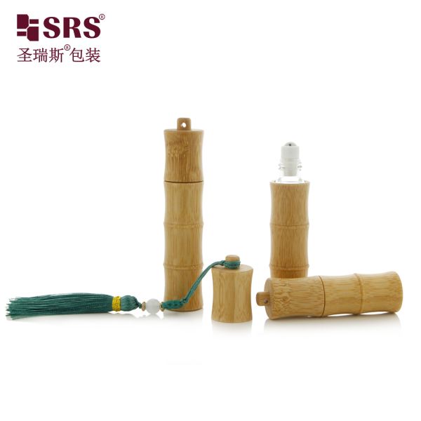 BG-5ML 10ML Unique Design Bamboo Glass Perfume Roll On Bottle With Hook Key Chain