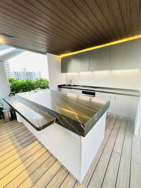 Armários de cozinha de aço inoxidável minimalista com bancadas de quartzo preto