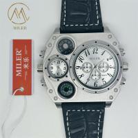 Hombres Cuarzo Dual Tiempo Caras Grandes Reloj de brújula de cuero Reloj de correa