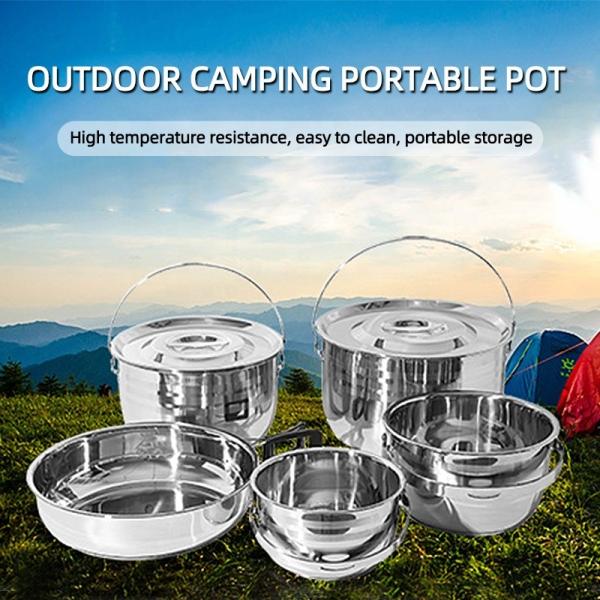 Best Selling Silver Stainless Steel 201 Round Outdoor Dinner Cooking Pot Sets Camping Soup Pot And Frying Pan Sets