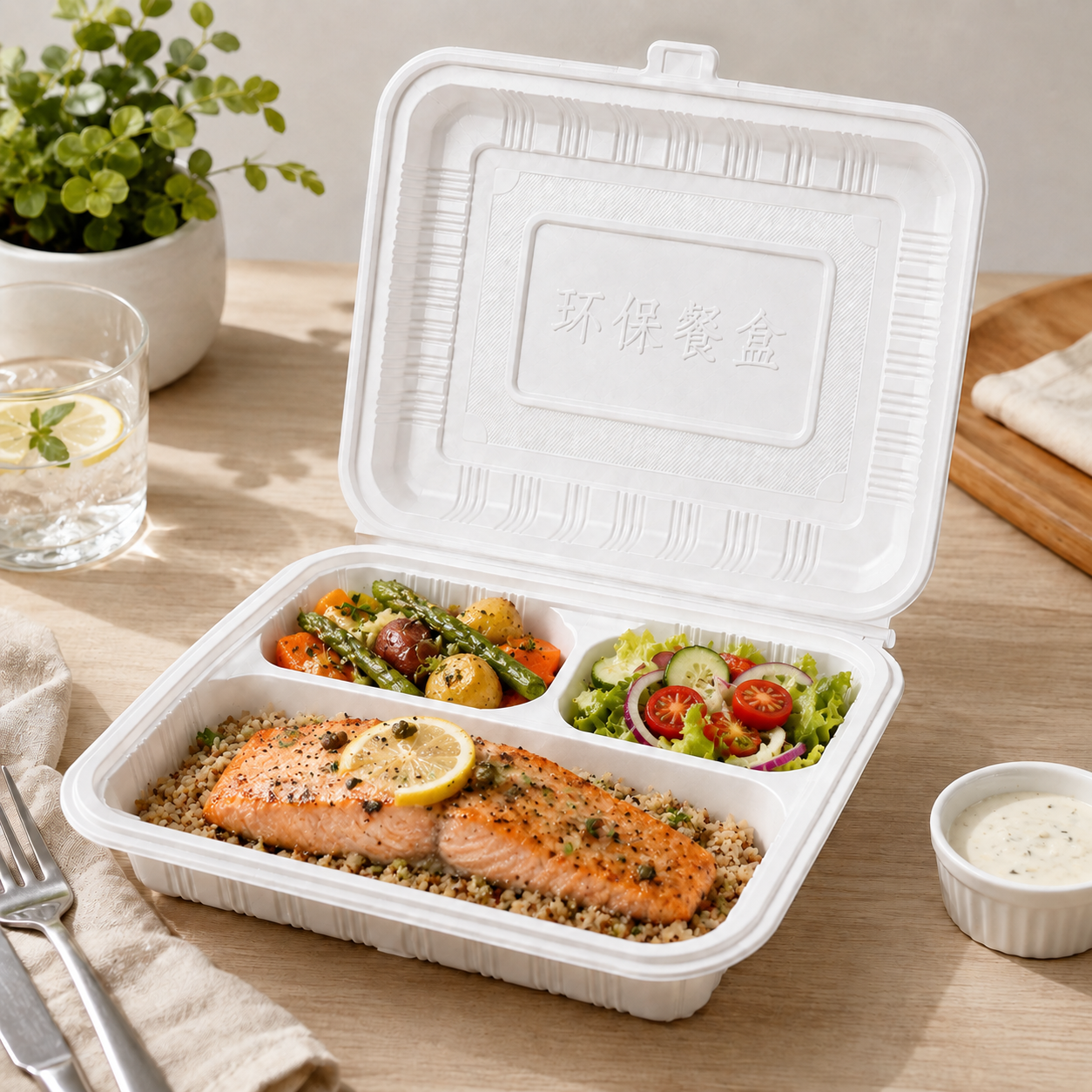 Three Compartment PP Clamshell Take Out Box for Main Course / Side Dish