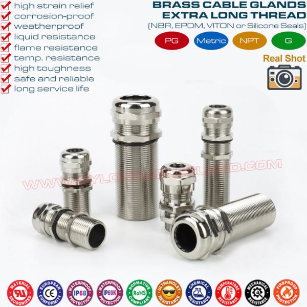 Long Thread Cable Gland, IP68/IP69K Brass Metal Cable Glands with Extralong Thread PG7~PG48 & M12~M63 for Thick Panel