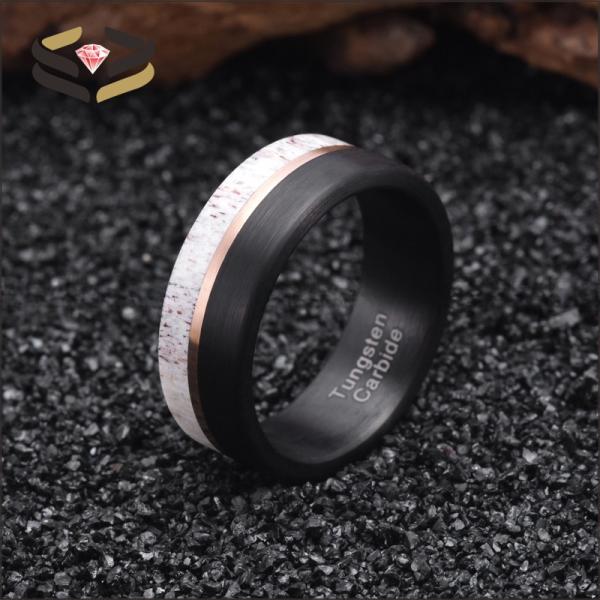 8mm Black Tungsten Ring with Deer Antler and Rose Gold Strip Inlay The Ultimate Wedding Essential