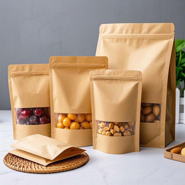 Zipper Top Kraft Paper Bag Custom Logo Printed Various Food Packaging Oil Proof Leak Proof Disposable Packaging Bag