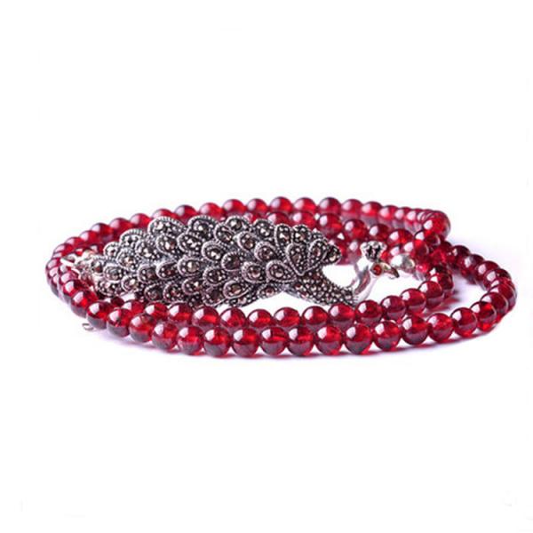 4mm Round Genuine Garnet Beads 925 Silver Marcasite Charm Bracelet 20 inches (B120701)