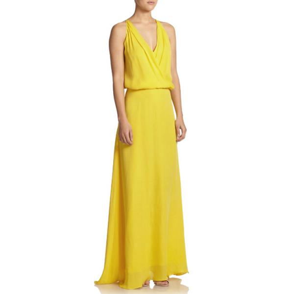 Women Yellow Chiffon V Neck Floor Length Evening Dress