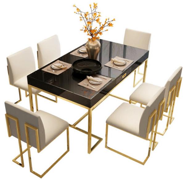 Classic Stainless Steel Frame Marble Dining room table set 6 chairs