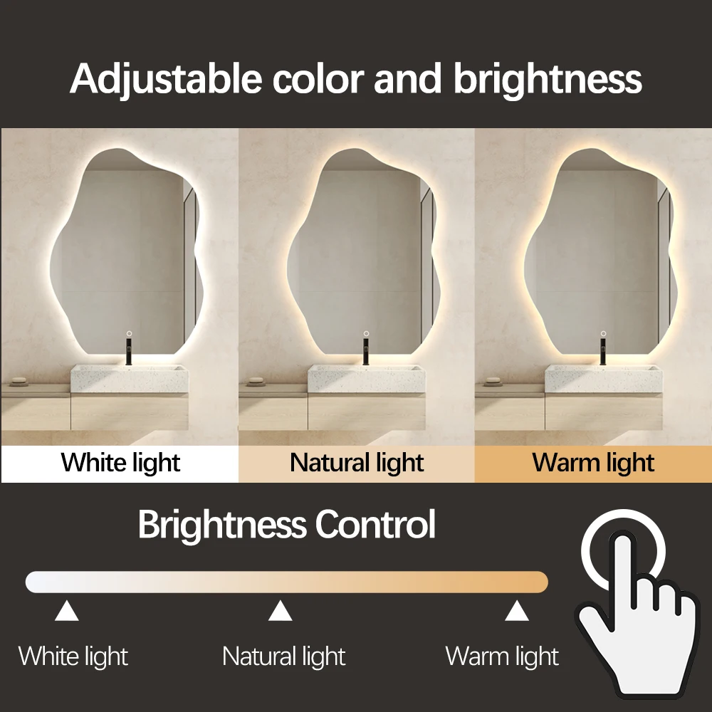 Large Wall Bathroom Mirror With Touch Light , Frameless Asymmetrical LED Mirror Waterproof