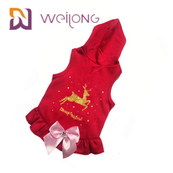 Satin Bow Printed Golden Deer Dog Winter Coat Red Christmas Hoodie For Dogs cats