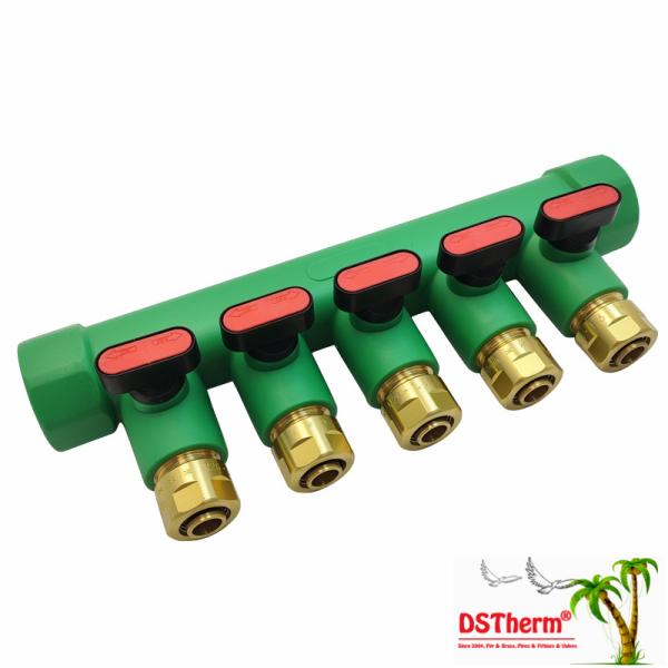 Colectores PPR con válvula de bola para agua caliente, rojos, de 5 vías, con logotipo y color personalizados, 25 mm