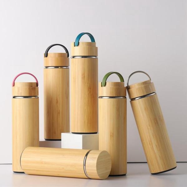 500ml Eco-friendly Bamboo Shell Stainless Steel Tea Bottle with Handle Easy to Carry