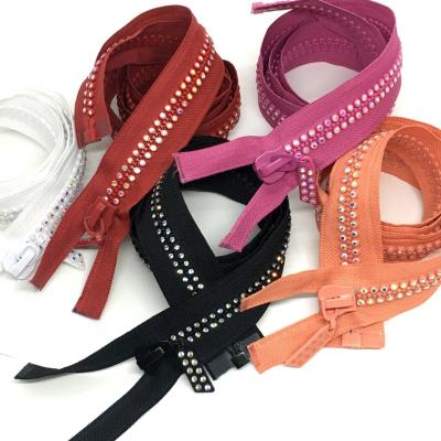 #5 #10 Auto-Lock Rhinestone Metal Zipper Open End In Red