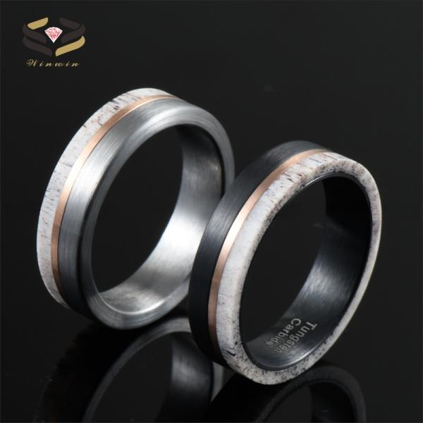 Jewelry 6mm Tungsten Band for Men Women Inlay Deer Antler Wedding Ring Other Diamond Shape and Pearl Type