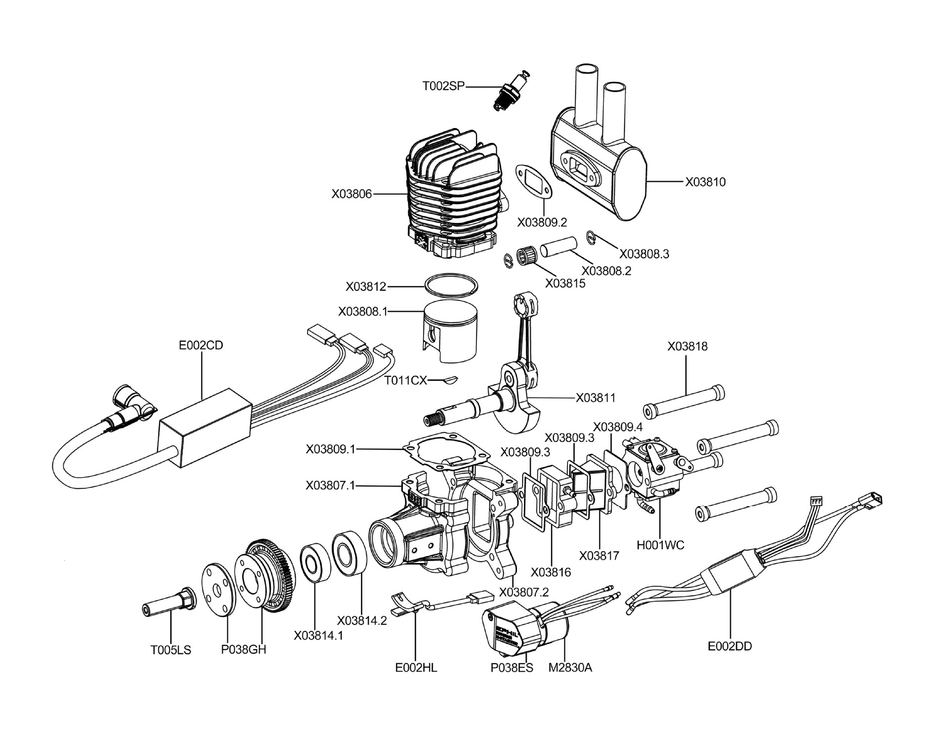 X-38Cc-R Pro Model Single Cylinder Two-Stroke Aircraft Engine Gasoline with Electric Start Rear Fixed Wing-Metal Material