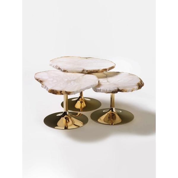 SUS 304 Irregular Shaped Snowstone Coffee Table Set High End Metal Mirror Base
