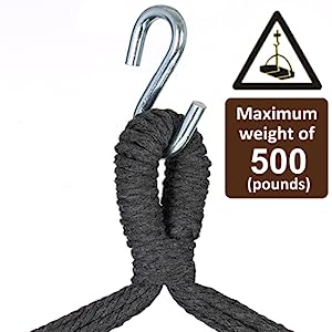 Hammock Chair Hanging Rope Swing - Max 500 Lbs - 2 Cushions Included - Steel Spreader Bar with Anti-Slip Rings