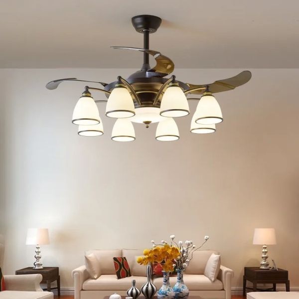 Retractable Blade Modern Folding Fan Light Remote Control Chandelier LED Invisible Ceiling Fan Crystal Light (WH-VLL-29)