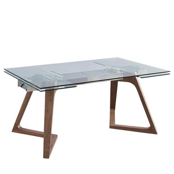 Tempered Glass Top Luxury Modern Dining Table Set Extendable With Walnut Veneer Legs