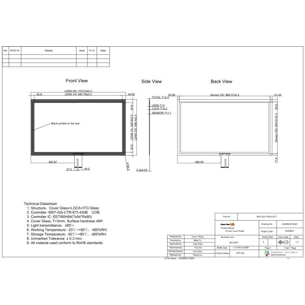 Customized 5V Interactive Industrial Touch Screen 43 Inch Waterproof