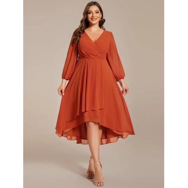 Plus Size Ruffled A-line Long Sleeve V-neck High Low Wedding Guest Navy Blue Chiffon Bridesmaid Dress