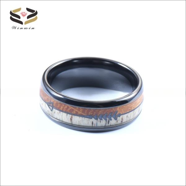 Men Tungsten Carbide Wedding Ring with Antler Black Arrow Whiskey Barrel Wood Inlay