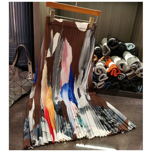 Women's Retro Style Summer Half Skirt New Casual Elastic Waist Pleated Mid-Length Design Oil Painting Contrasting Detail