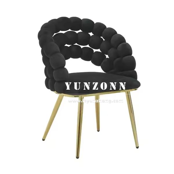 Wholesale Modern Style Gold Metal Legs Hotel Armchair Upholstered Beige Velvet Fabric Pompom Dining Chair