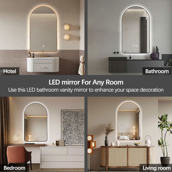 Gold Aluminum Frame LED Bathroom Mirror Anti Fog Touch Sensitive Mirror Arched LED Back Light Mirror