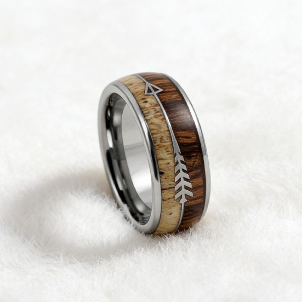 Men's Tungsten Ring with Deer Antler & Koa Wood Inlay and Silver Arrow Design for Wedding and Party