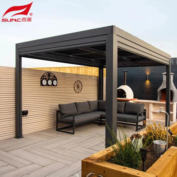 Jardim de alumínio controlado remotamente Pergola à prova de água e vento Gazebo ao ar livre
